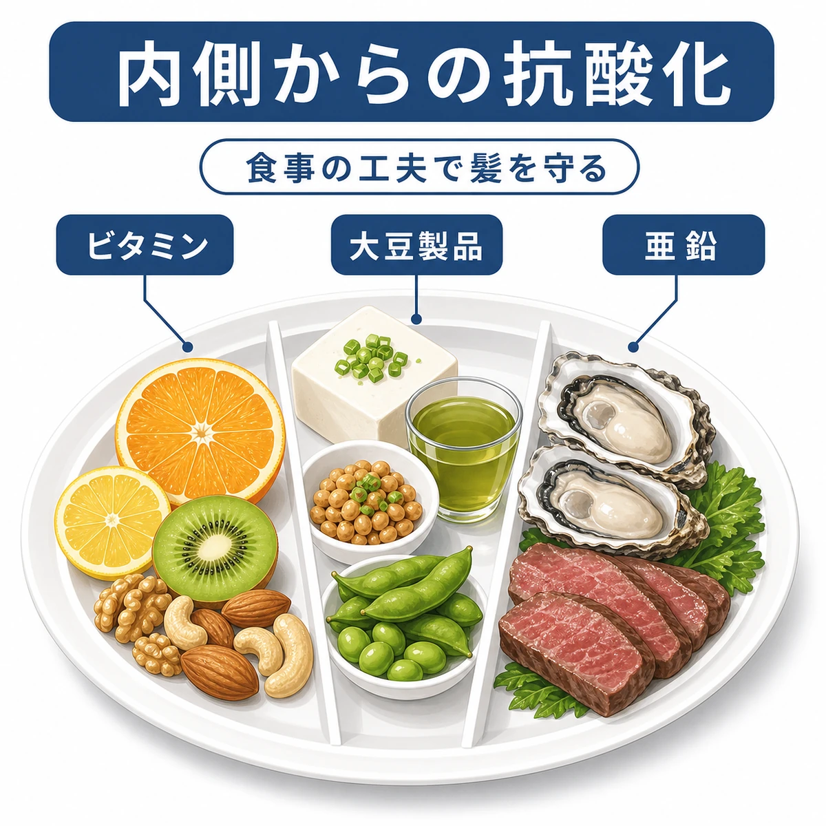 ビタミンや亜鉛など抗酸化に役立つ栄養素を食事から摂る様子を表した医療イラスト
