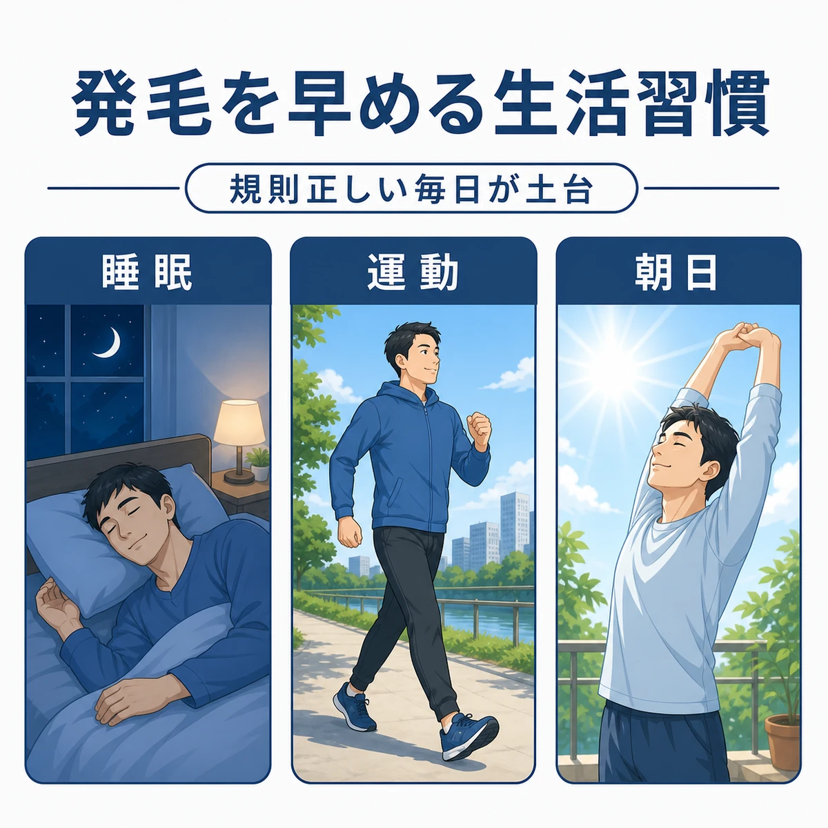 睡眠と運動と朝日で発毛を助ける生活習慣を表した医療イラスト