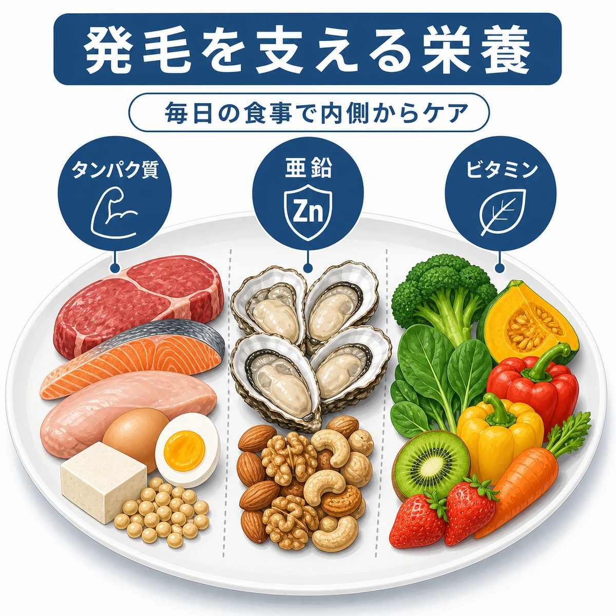 タンパク質や亜鉛など発毛を支える栄養素と食品を表した医療イラスト
