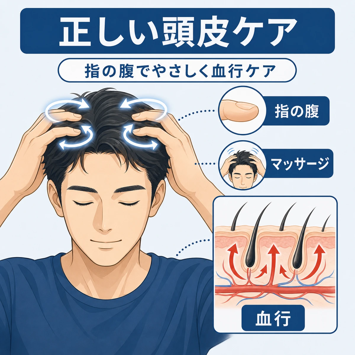 頭皮マッサージで血行を促す正しいケア方法を表した医療イラスト