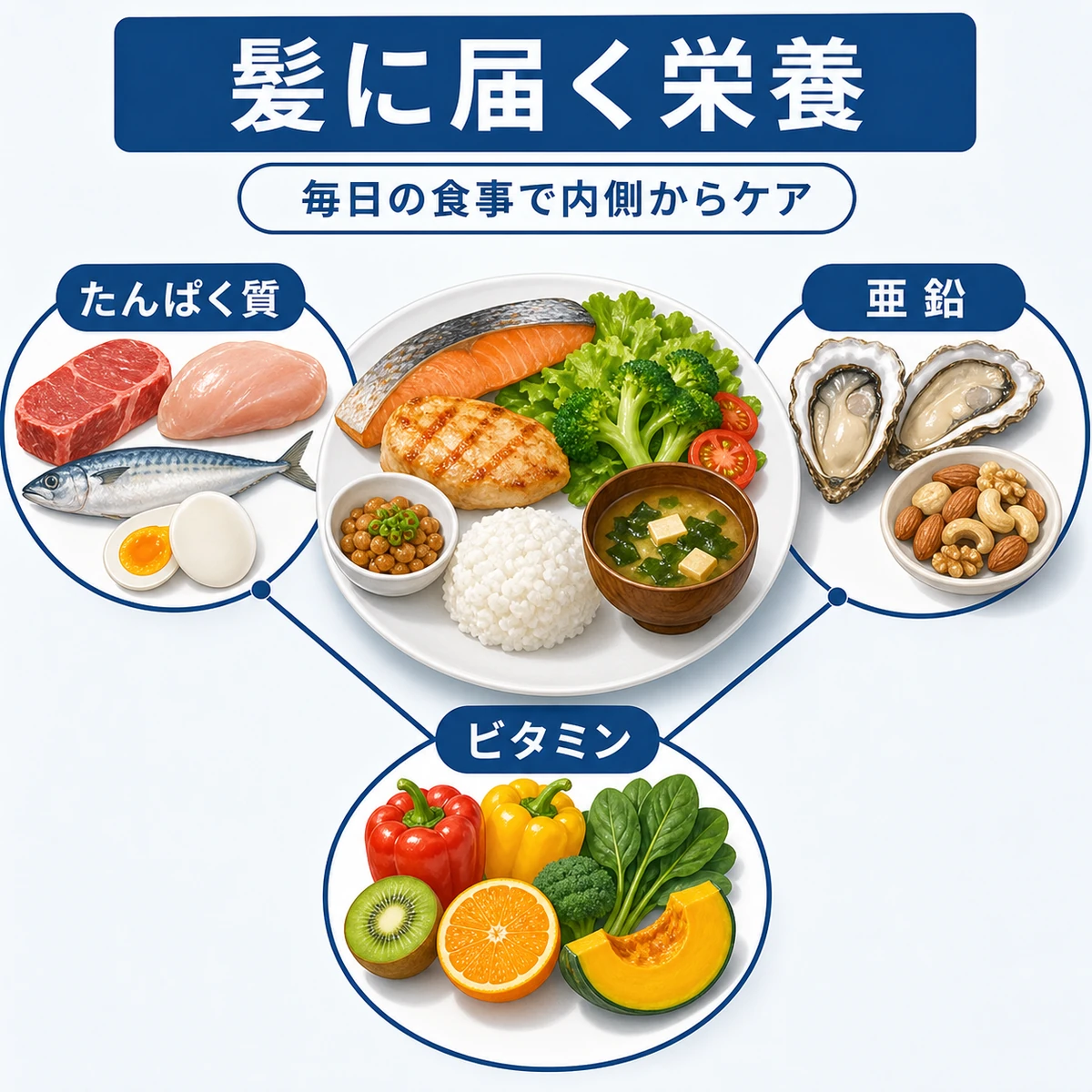 髪の材料になる栄養素と食材をまとめた医療イラスト