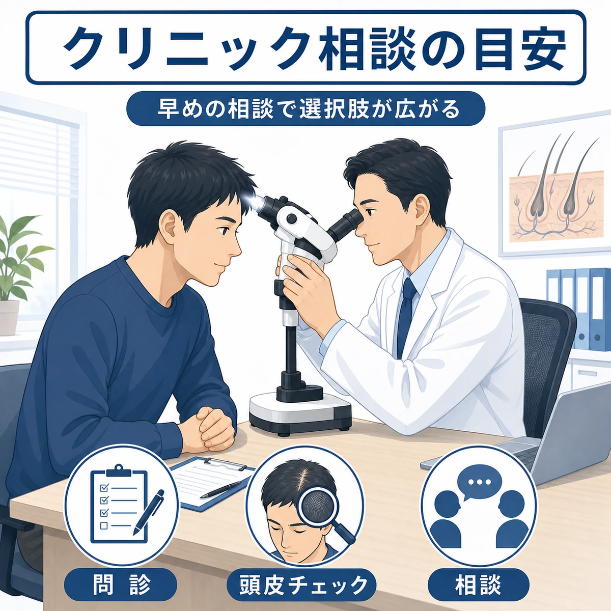 薄毛専門クリニックでの相談と頭皮チェックの様子を表した医療イラスト