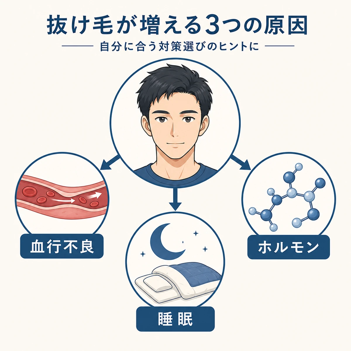 血行不良・ホルモン・睡眠という抜け毛の3つの原因を放射状に分けて表した医療イラスト