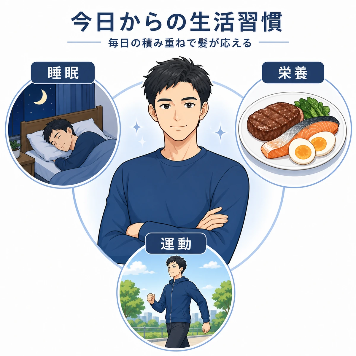 睡眠と栄養と運動の生活習慣が髪の回復を支える関係を中央の男性を囲む相関図で表した医療イラスト