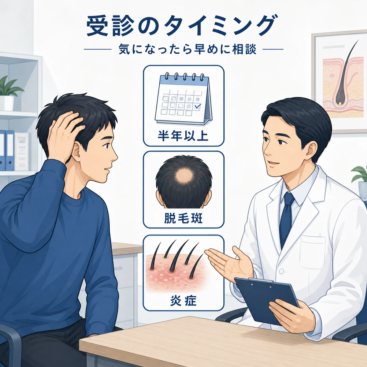 若い男性が男性医師に薄毛を相談する場面と受診を考える3つのサインを並べた医療イラスト
