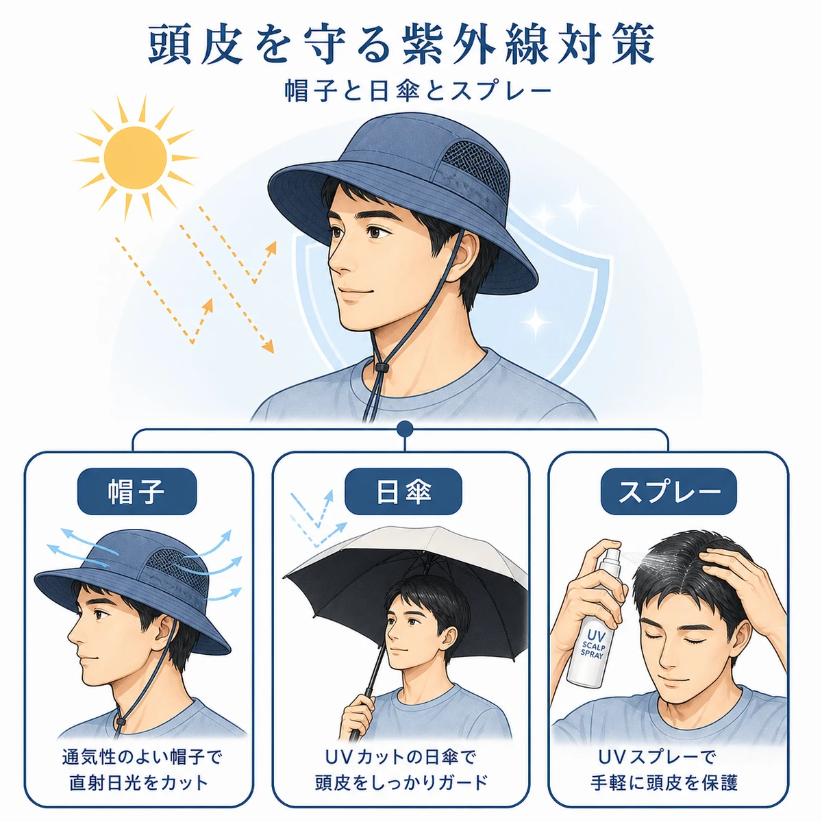 帽子や日傘やスプレーで頭皮の紫外線を防ぐ夏の対策を表したイラスト