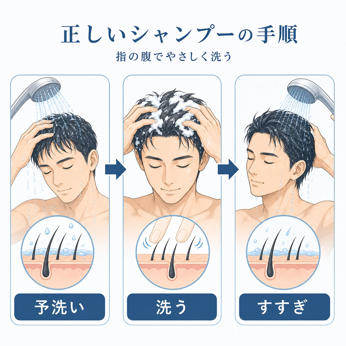 予洗いから洗髪、すすぎまでの正しいシャンプー手順を示した医療イラスト