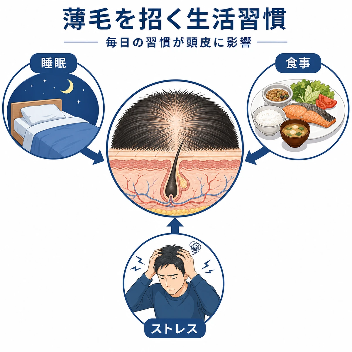 睡眠・食事・ストレスといった生活習慣が頭皮に影響する関係を表した医療イラスト