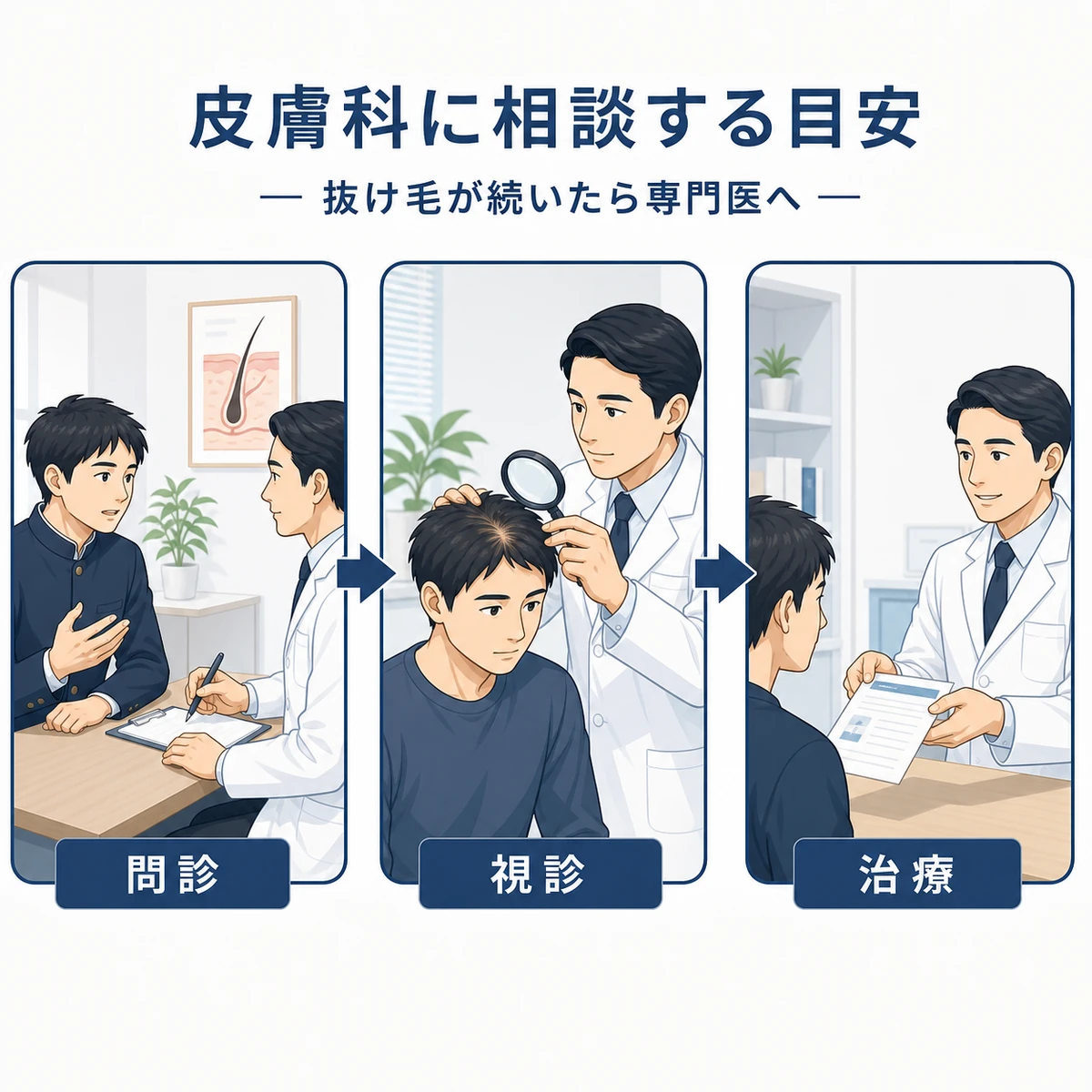 皮膚科で問診から視診、治療へと進む受診の流れを表した医療イラスト