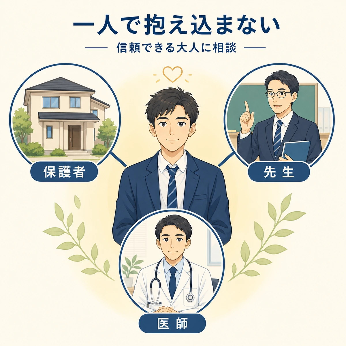 高校生が保護者や先生、医師など信頼できる相手に相談できることを表した医療イラスト