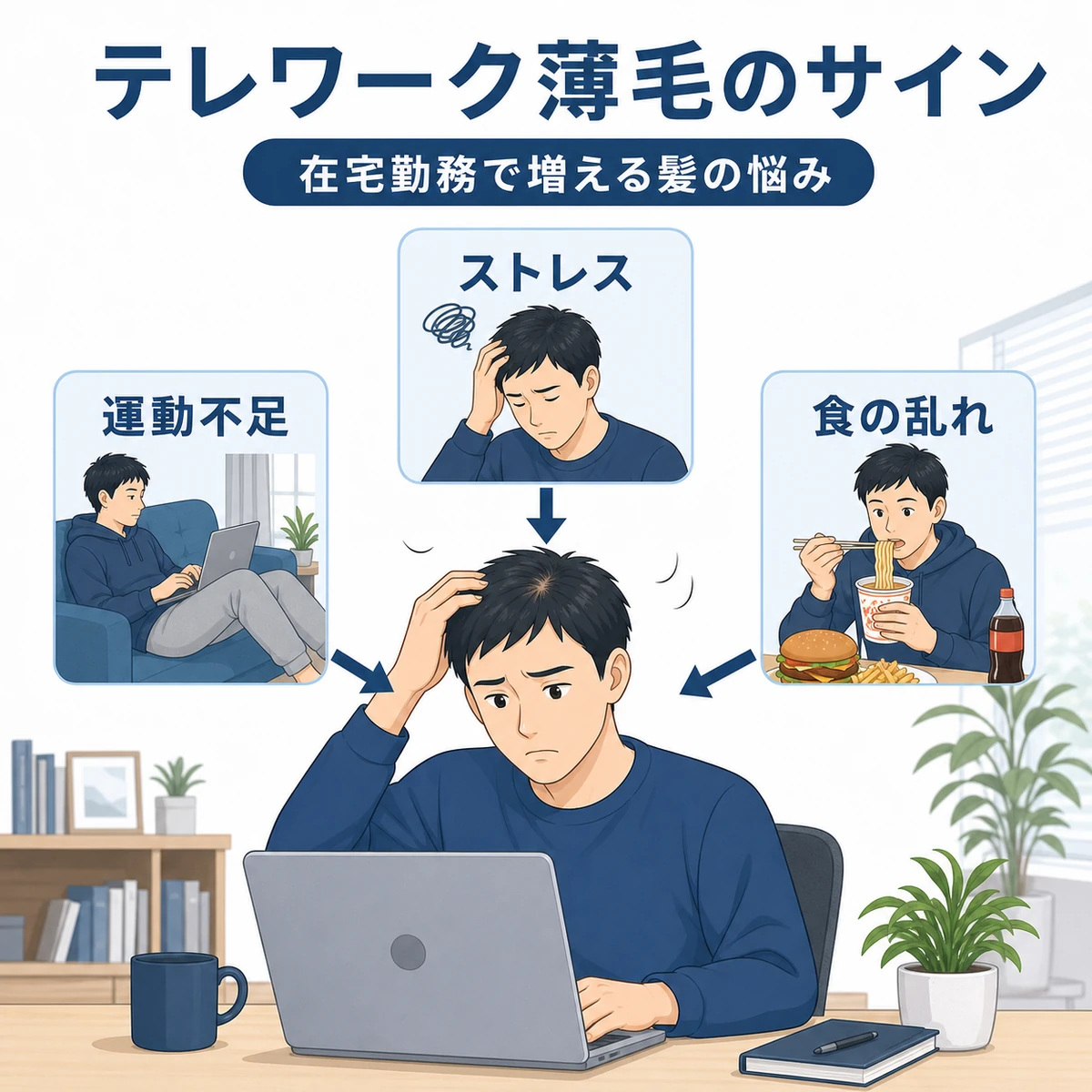 在宅勤務の生活変化が抜け毛につながるしくみを表した医療イラスト