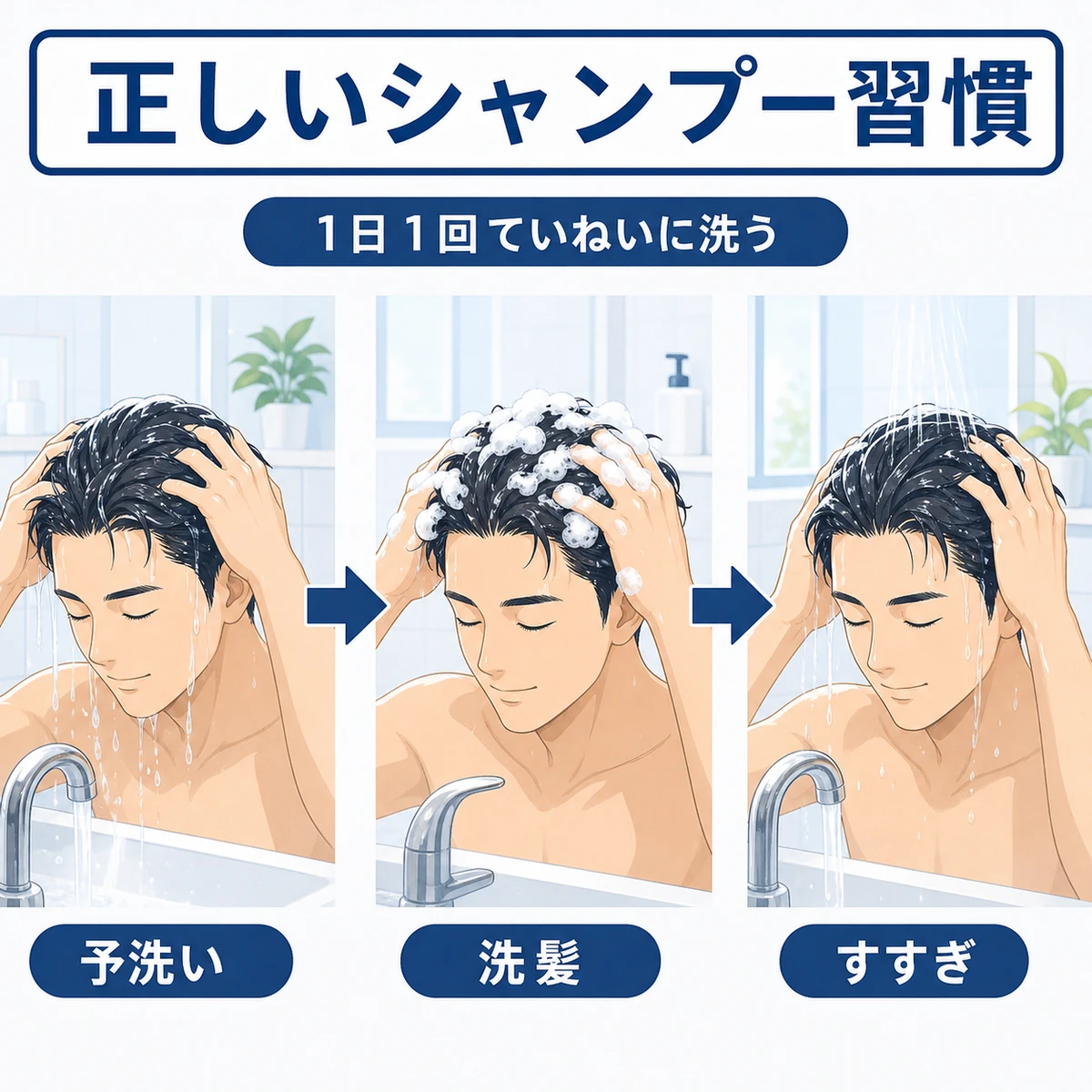 頭皮を守る正しいシャンプーの手順を表した医療イラスト