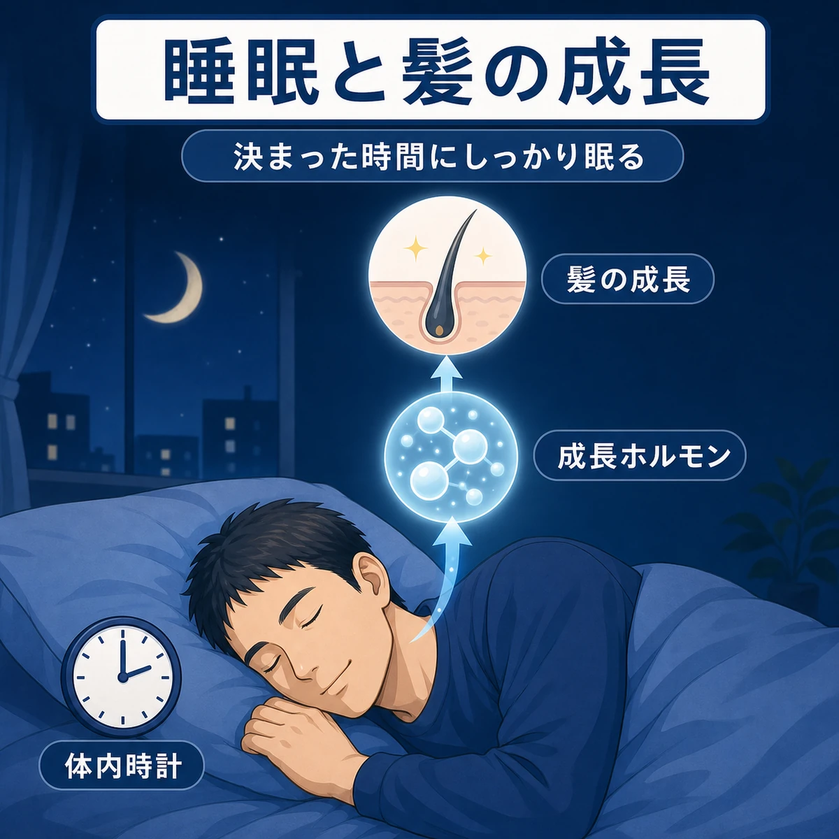 睡眠中の成長ホルモンと髪の成長の関係を示した医療イラスト