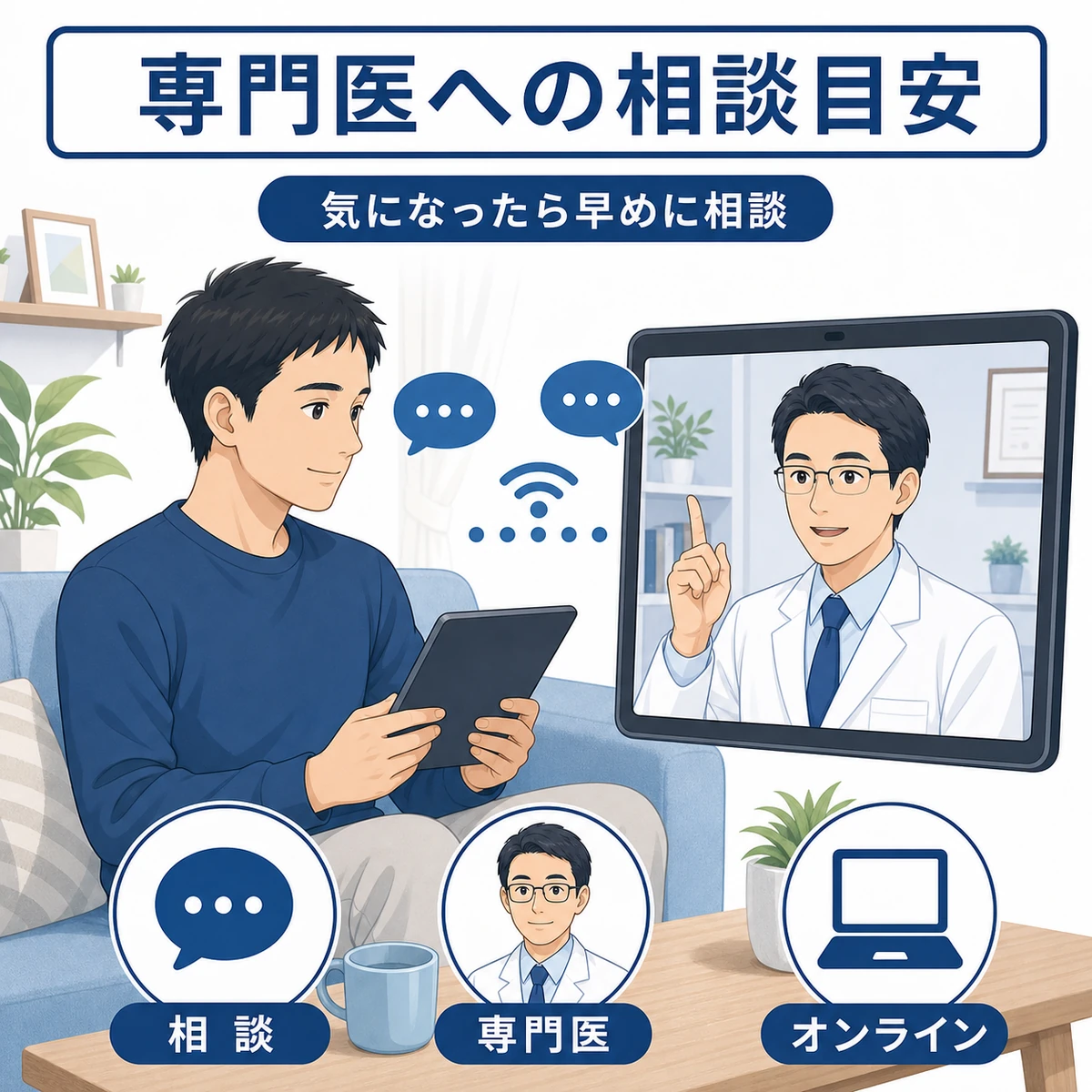 自宅から専門医にオンラインで相談する成人男性を描いた医療イラスト