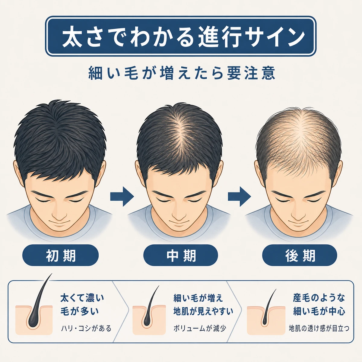 髪が徐々に細くなるAGAの進行段階を段階的に表した医療イラスト