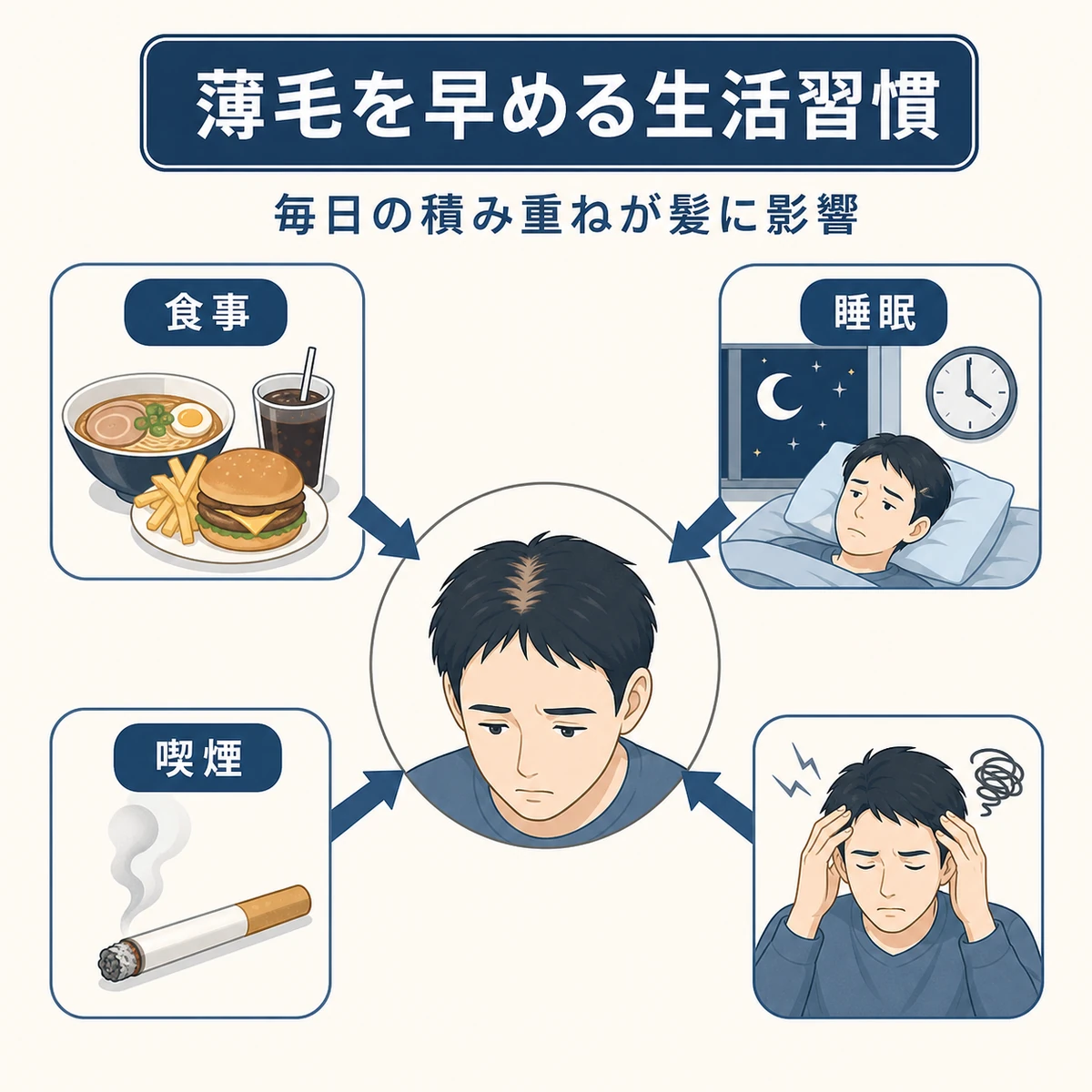 食事や睡眠など薄毛を加速させる生活習慣を頭部と結びつけた医療イラスト