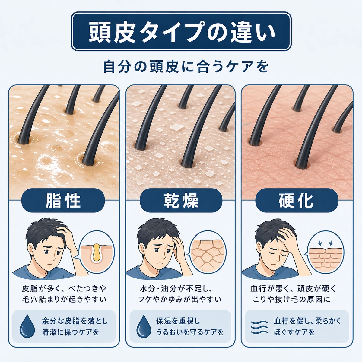 脂性・乾燥・硬化など頭皮タイプ別の特徴を3つ並べて比べた医療イラスト