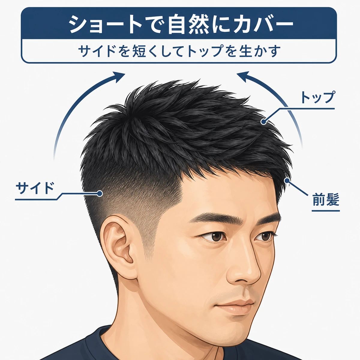 サイドを刈り上げてトップにボリュームを出すショートヘアのしくみを表した男性向けイラスト