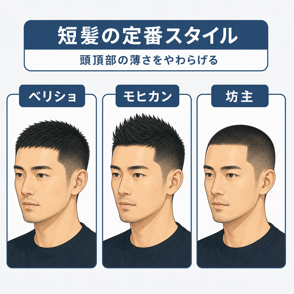ベリーショート・ソフトモヒカン・おしゃれ坊主を並べた薄毛カバー向け男性ヘアスタイルの比較イラスト