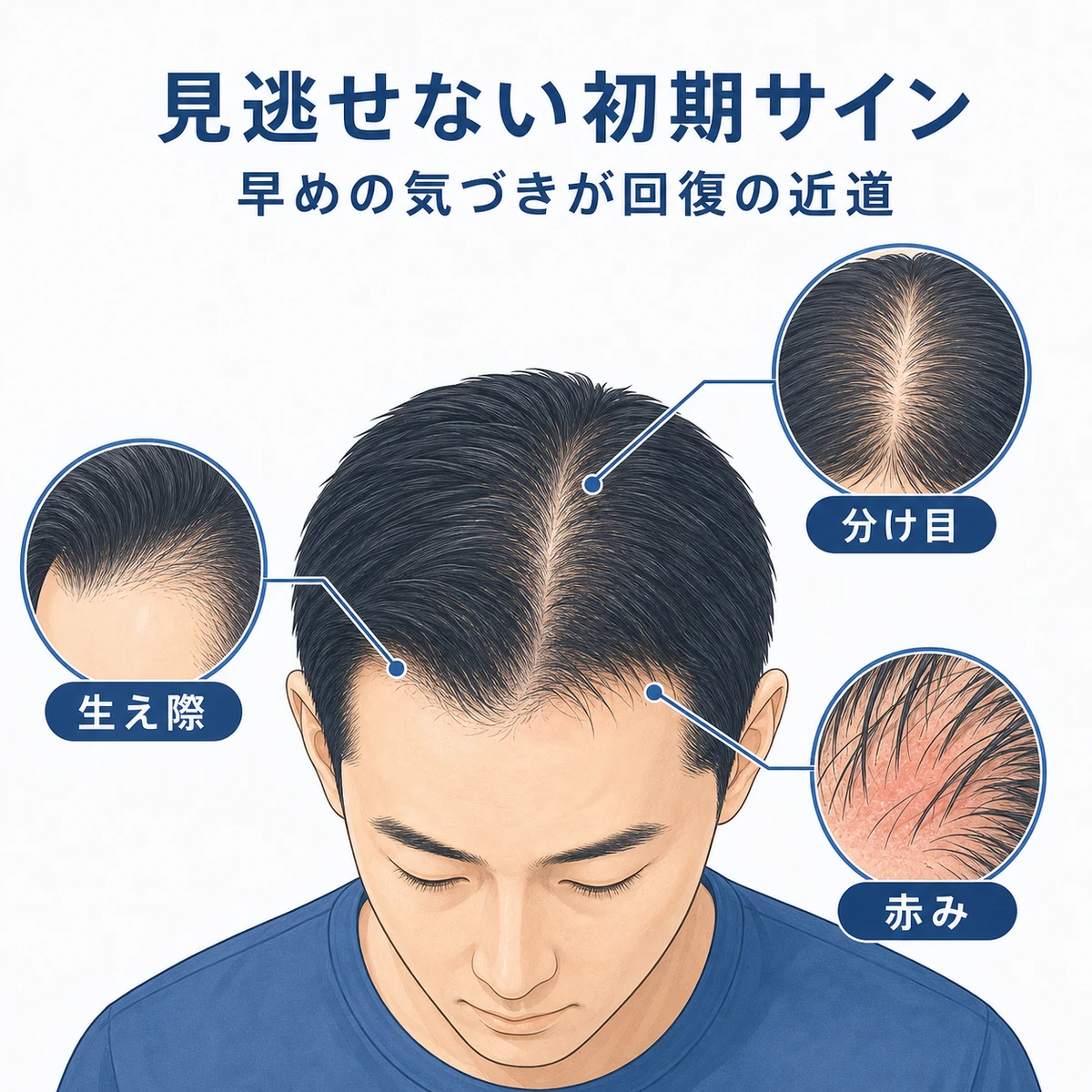 生え際や分け目が透ける変化と頭皮の赤みなど初期サインに気づく成人男性を描いた医療イラスト