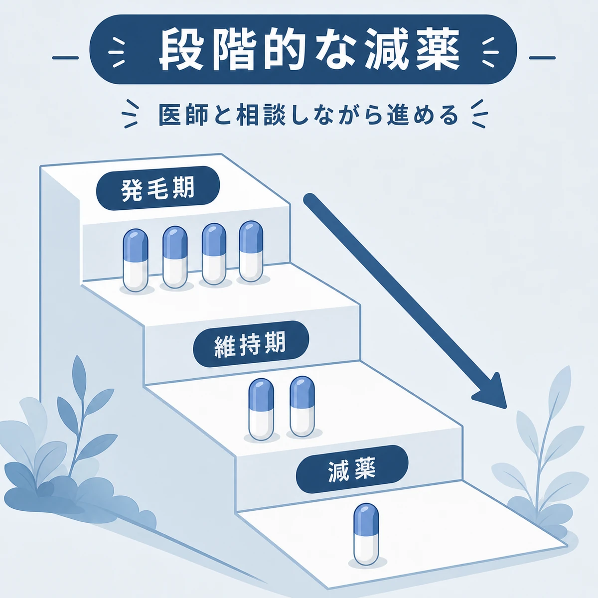 発毛期から維持期へ薬の量を段階的に減らしていく減薬療法を表した医療イラスト