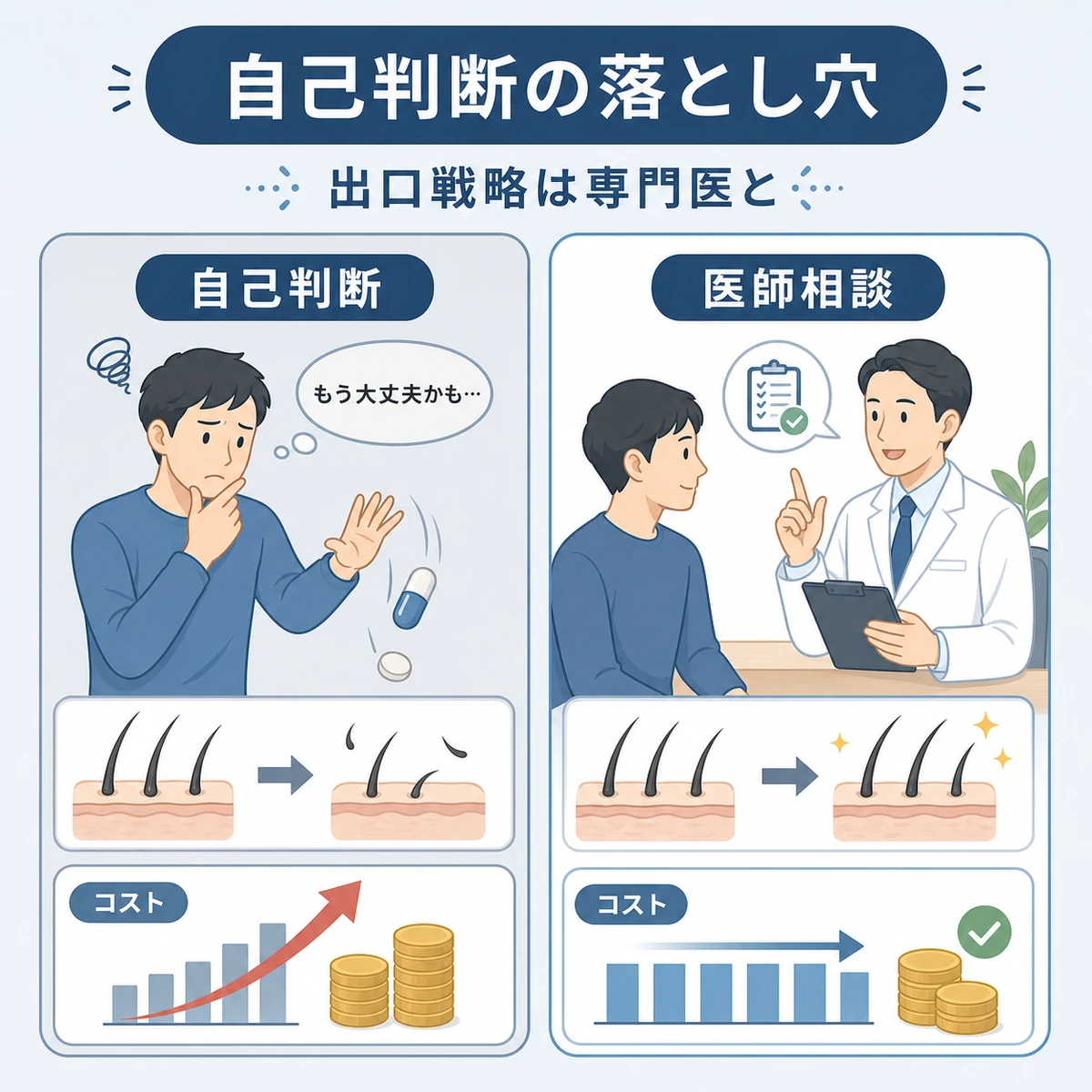 自己判断での中止と医師と計画する場合の結果の差を対比した医療イラスト