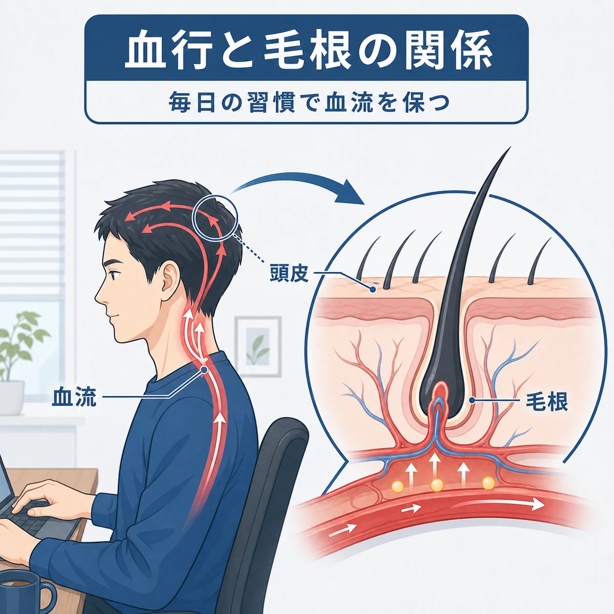 頭皮の血流が毛根へ栄養を届けるしくみを成人男性の姿で表した医療イラスト