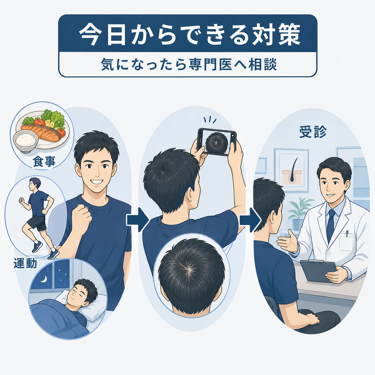 生活改善からセルフチェック、専門医への相談まで成人男性が前向きに取り組む対策の流れを表した医療イラスト