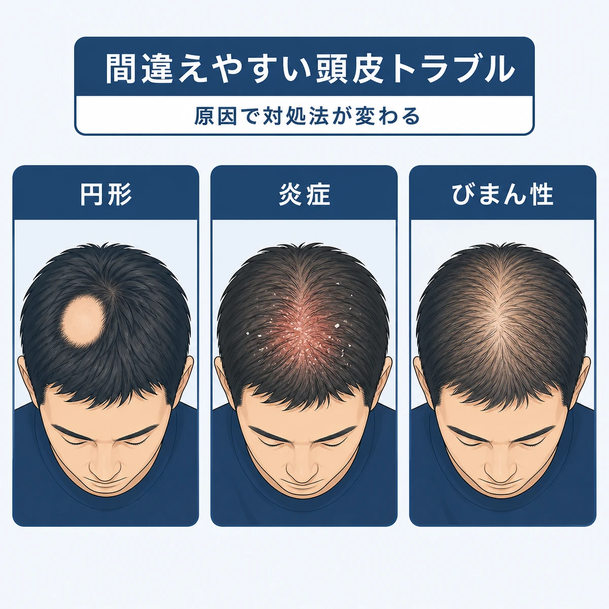円形脱毛症や頭皮の炎症、びまん性脱毛症などつむじはげと間違えやすい頭皮トラブルを成人男性で比べた医療イラスト