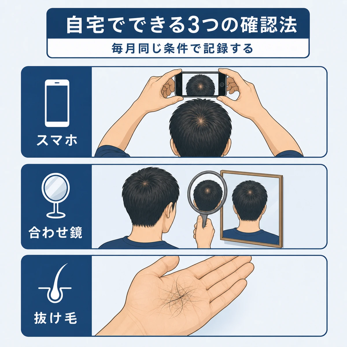 スマホ撮影と合わせ鏡と抜け毛観察で頭頂部を確かめるセルフチェック方法を示した医療イラスト