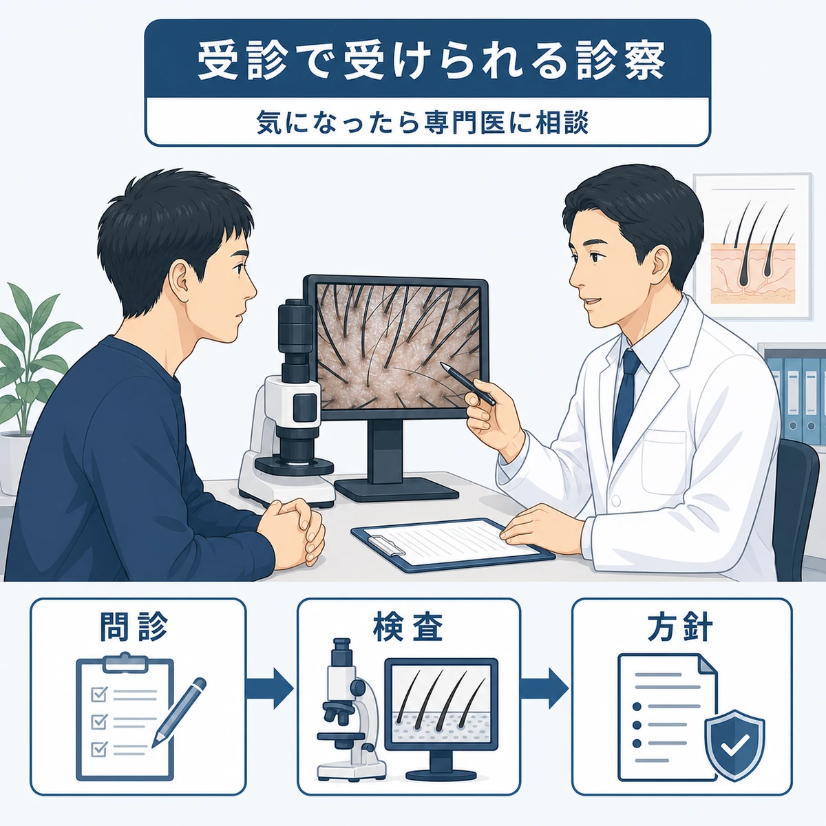 クリニックで成人男性が医師から頭皮の診察と相談を受ける様子を表した医療イラスト