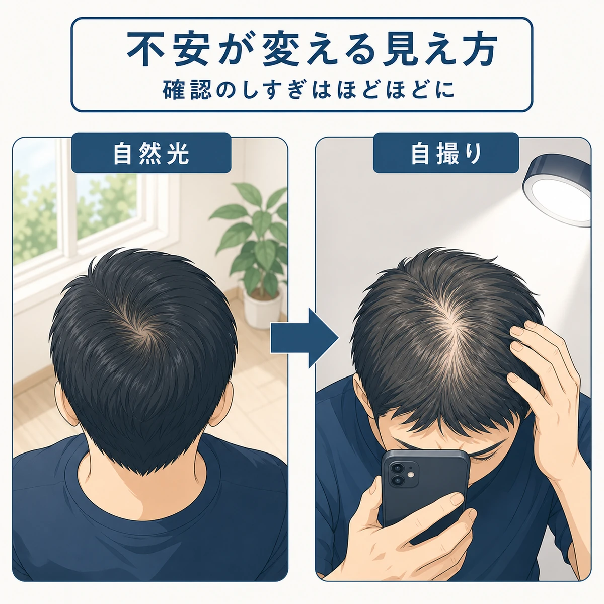 同じつむじが自然光と自撮りで違って見える様子を成人男性で対比した医療イラスト
