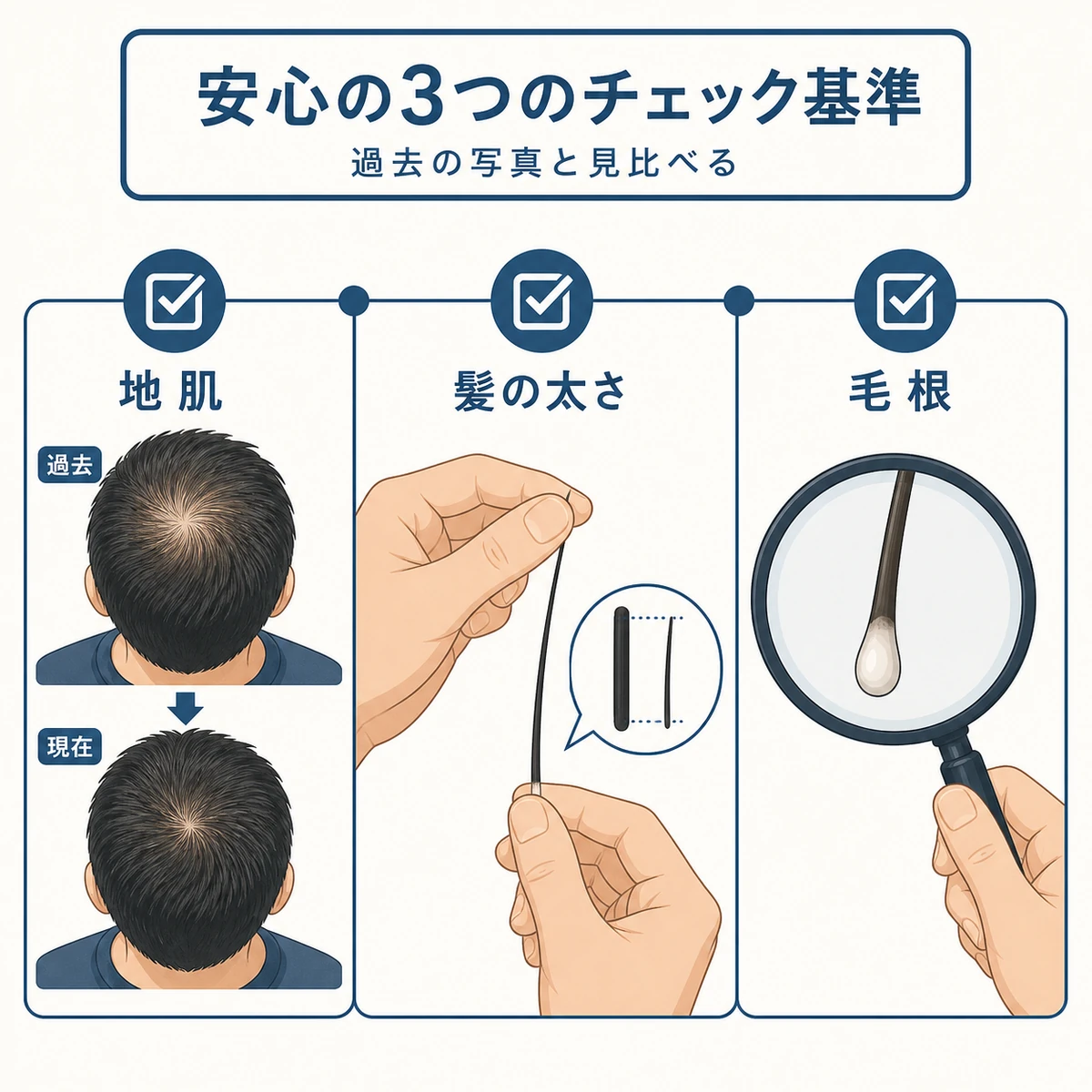 地肌の広がりと髪の太さと毛根の形でつむじを確かめる3つのセルフチェック基準を並べた医療イラスト