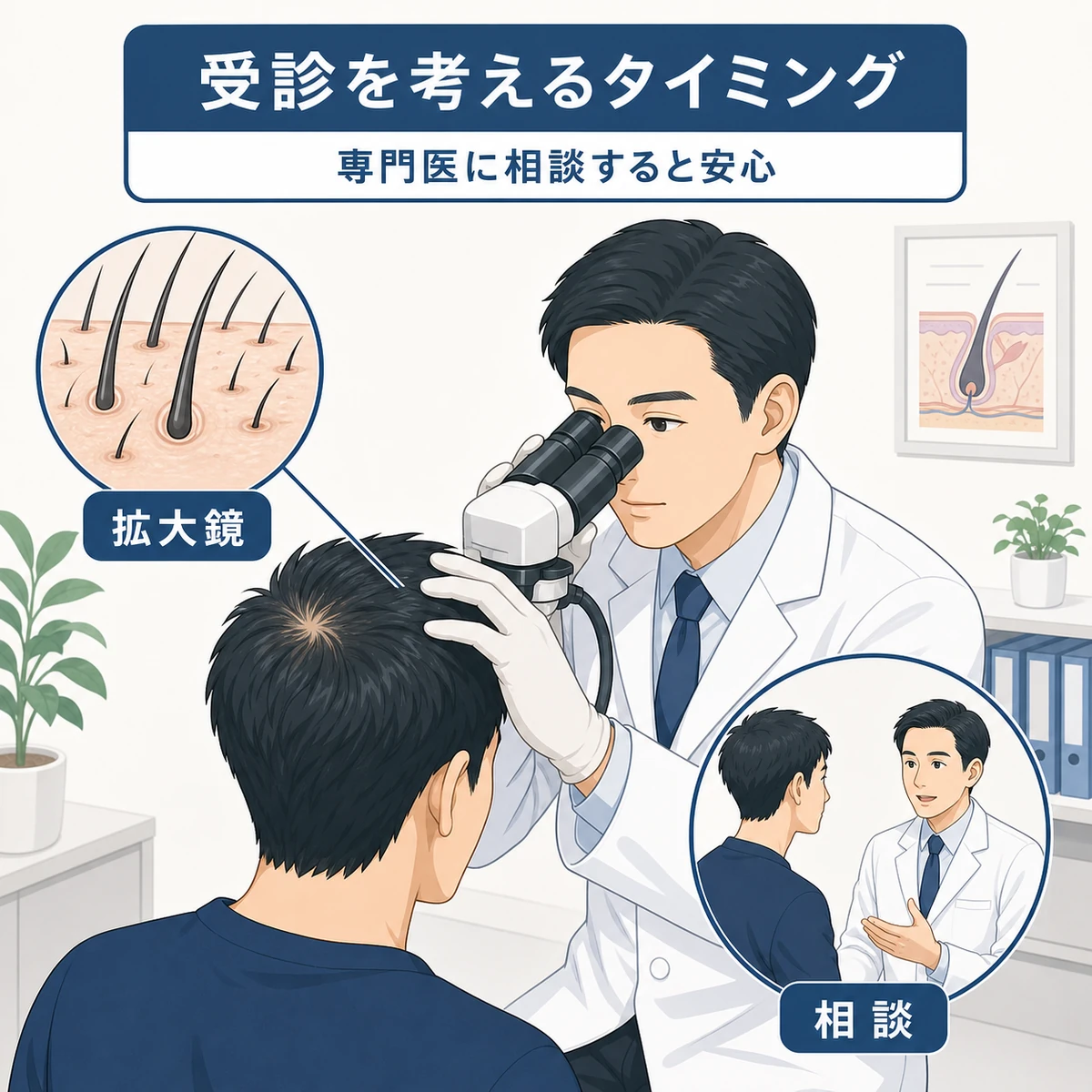 成人男性が医師にマイクロスコープでつむじを診てもらう受診の様子を表した医療イラスト