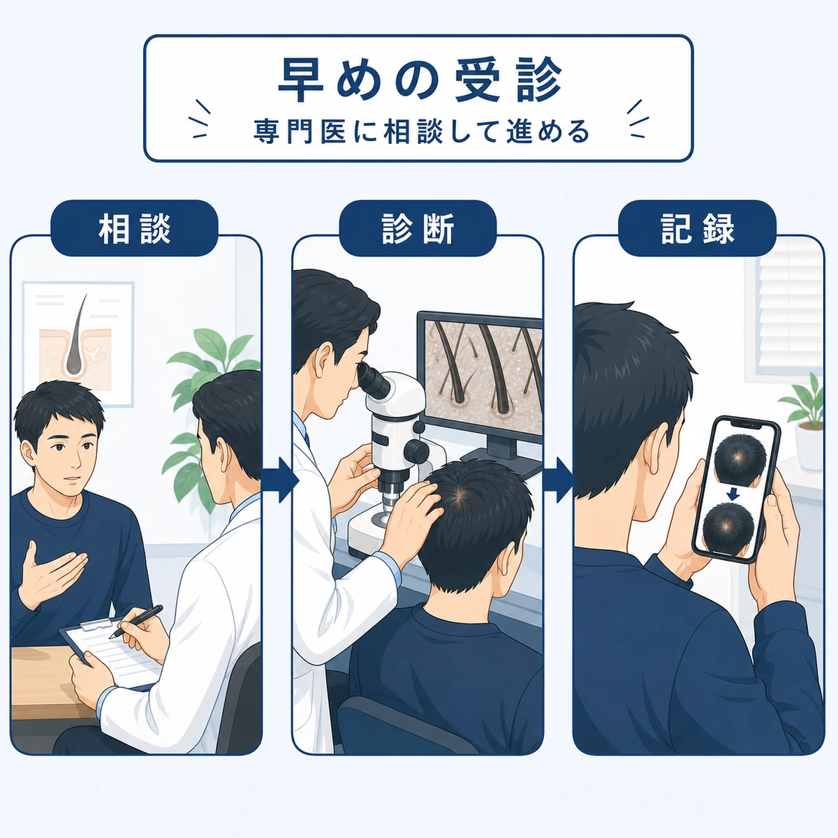 成人男性が専門医に相談し診断と経過記録を受ける受診の流れを表した医療イラスト