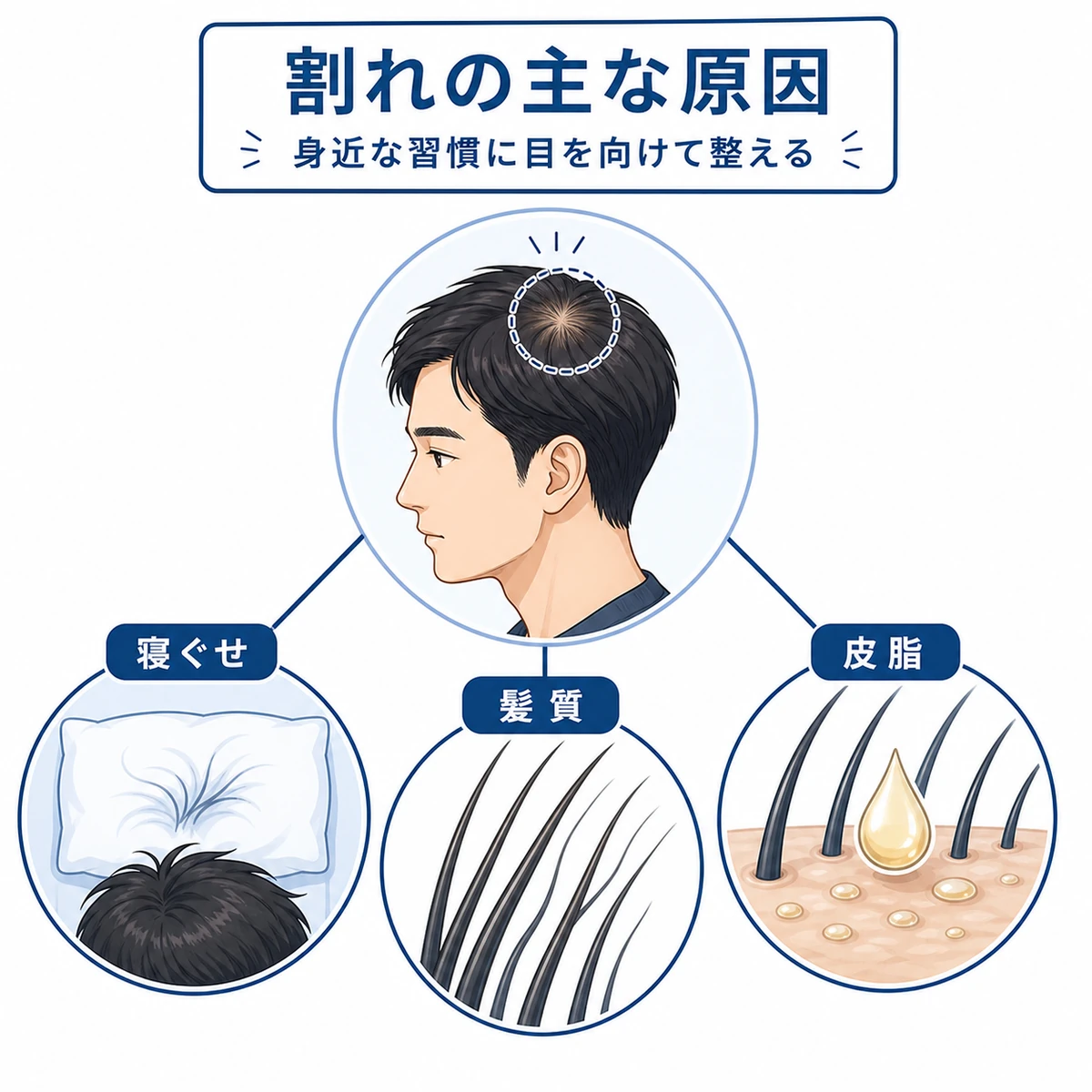 つむじ割れの身近な原因を寝ぐせと髪質と皮脂の3つで示した医療イラスト