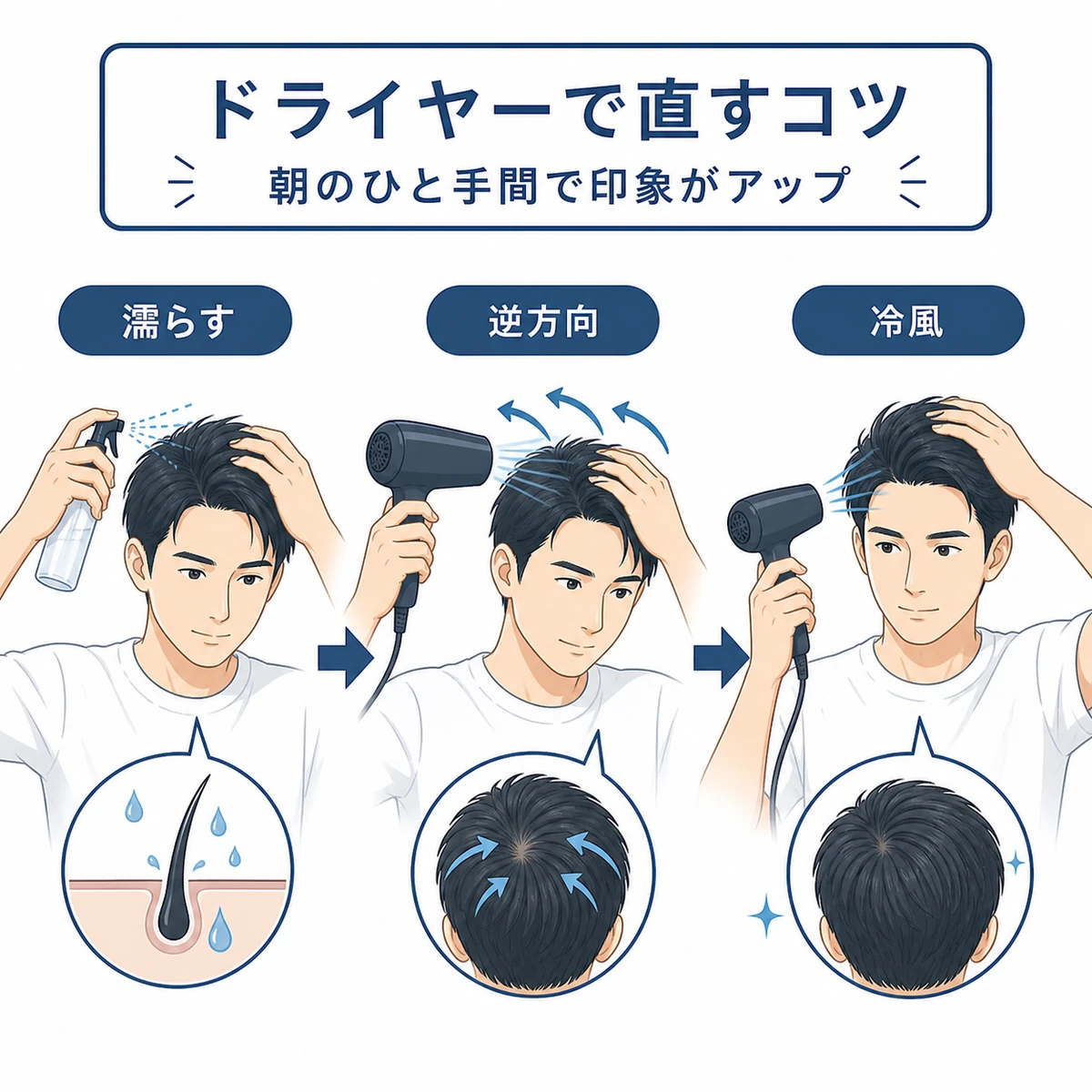 成人男性がドライヤーでつむじ割れを直す手順を左から右へ示した医療イラスト