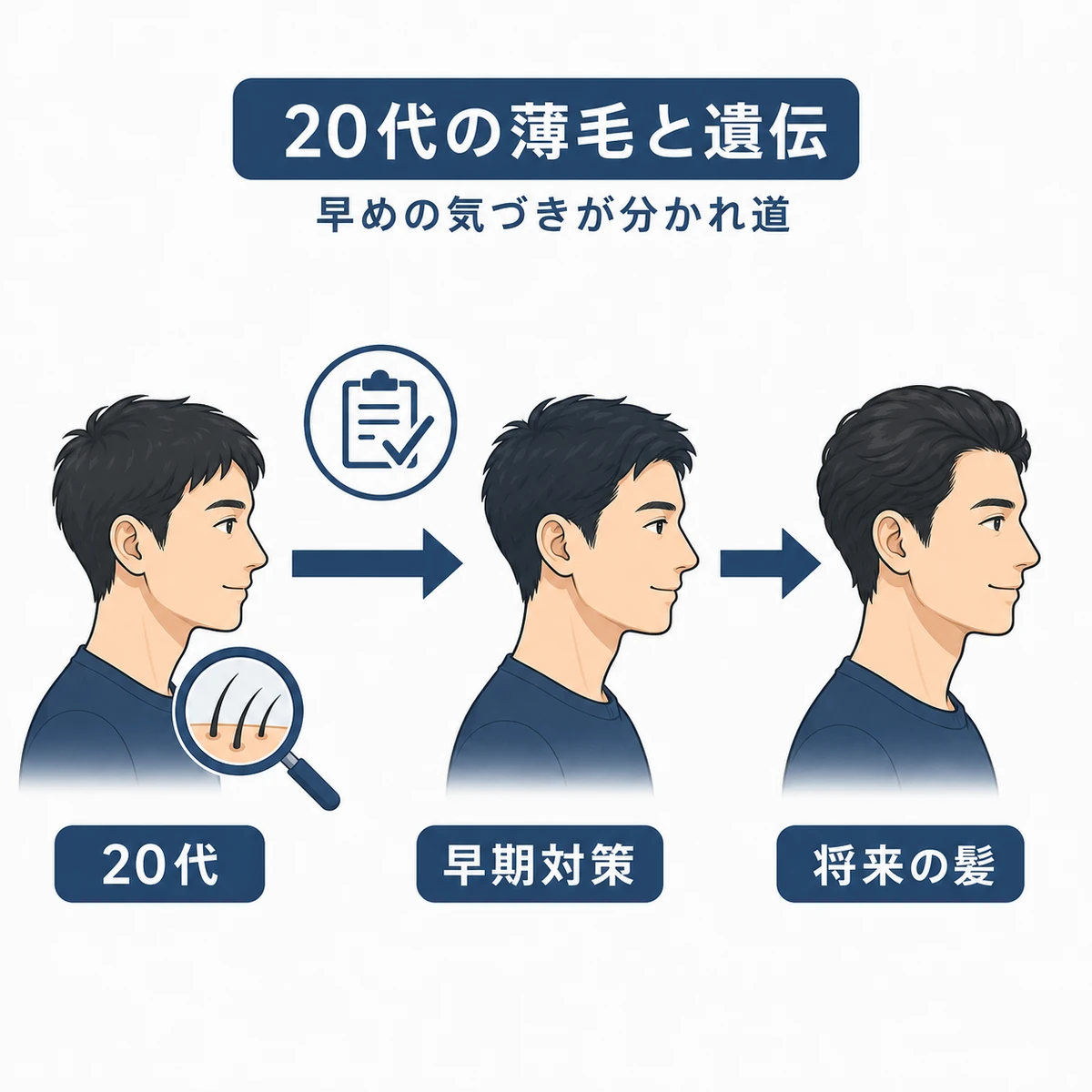 20代から将来にかけての髪の変化と早めの対策の大切さを表した医療イラスト