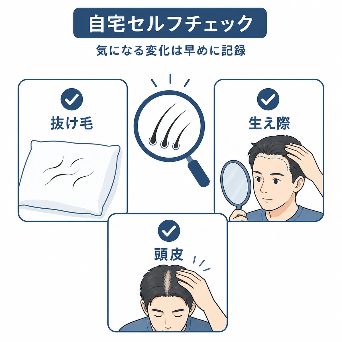 抜け毛や生え際、頭皮を自宅で点検するセルフチェックの観点を表した医療イラスト