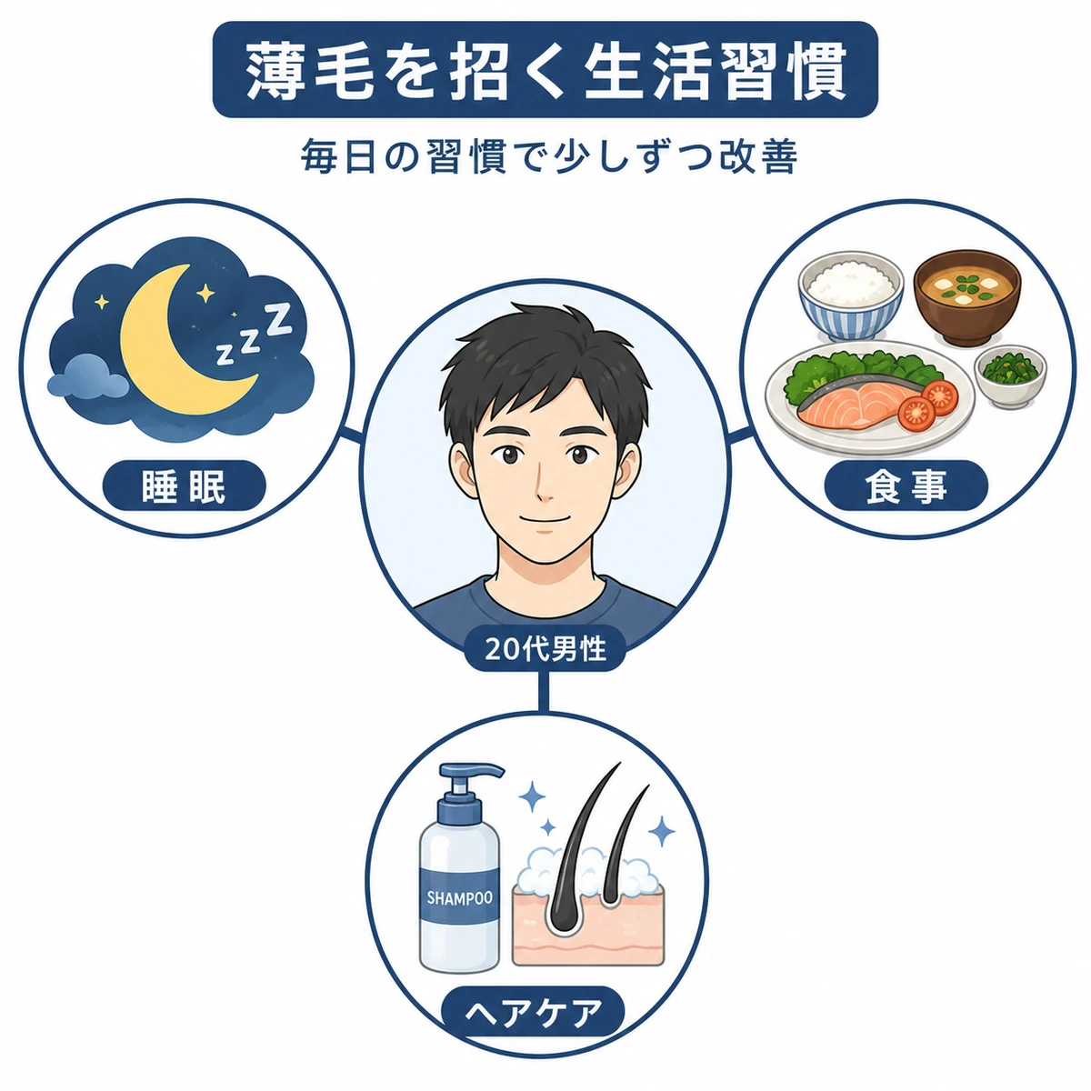 睡眠や食事、ヘアケアが髪の健康に関わる生活習慣の影響を表した医療イラスト