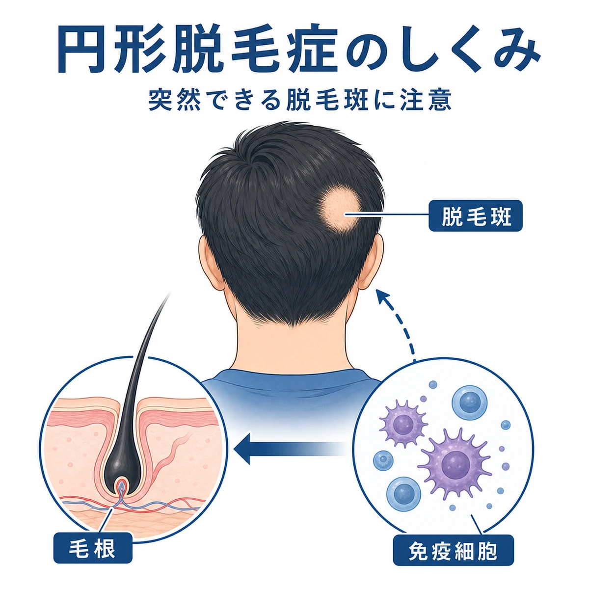 免疫細胞が毛根を攻撃して円形の脱毛斑ができる仕組みを表した医療イラスト