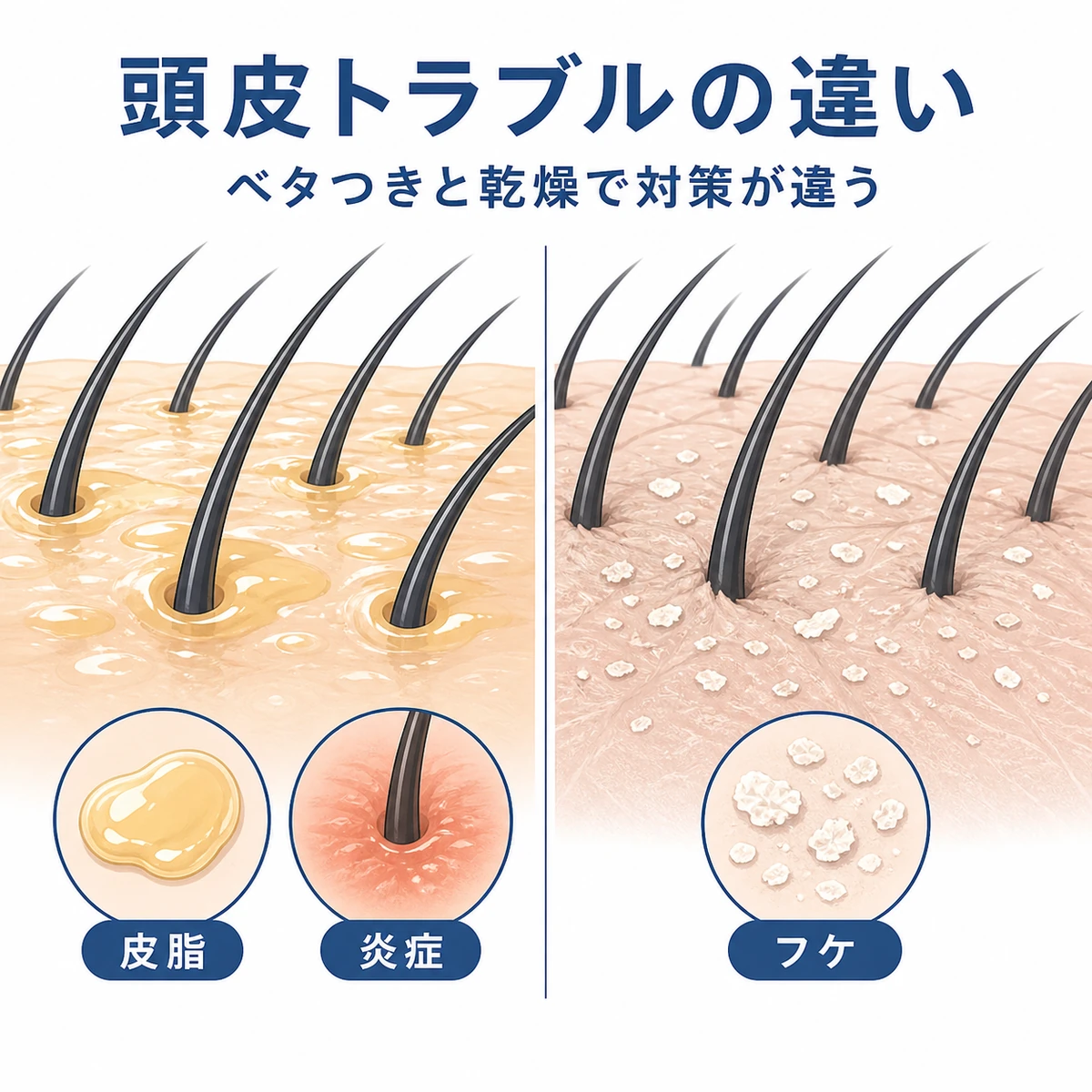 脂漏性脱毛症のベタつく頭皮と粃糠性脱毛症の乾燥した頭皮を左右で対比した医療イラスト