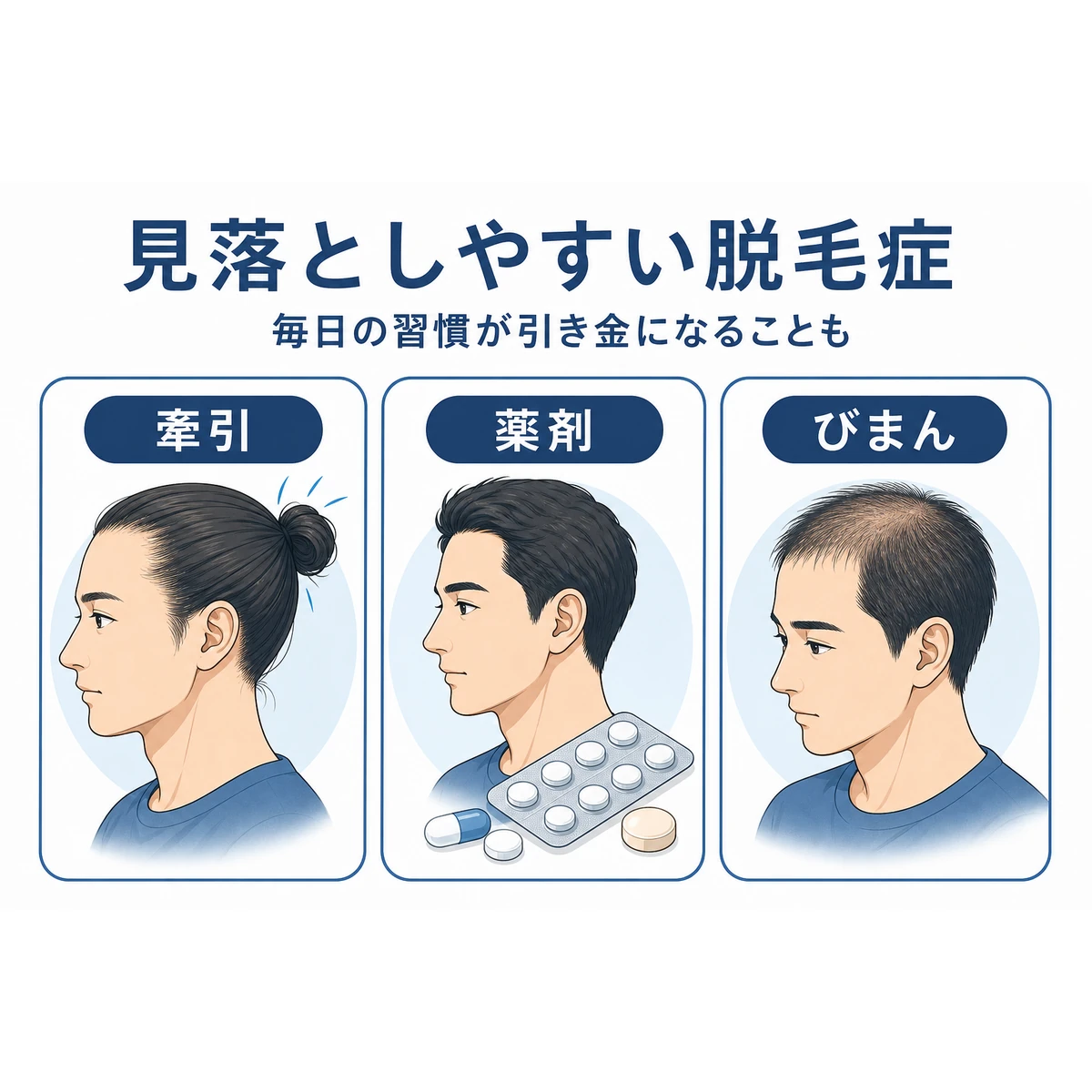 牽引性・薬剤性・びまん性という見落としやすい脱毛症の原因を3つ並べて比べた医療イラスト