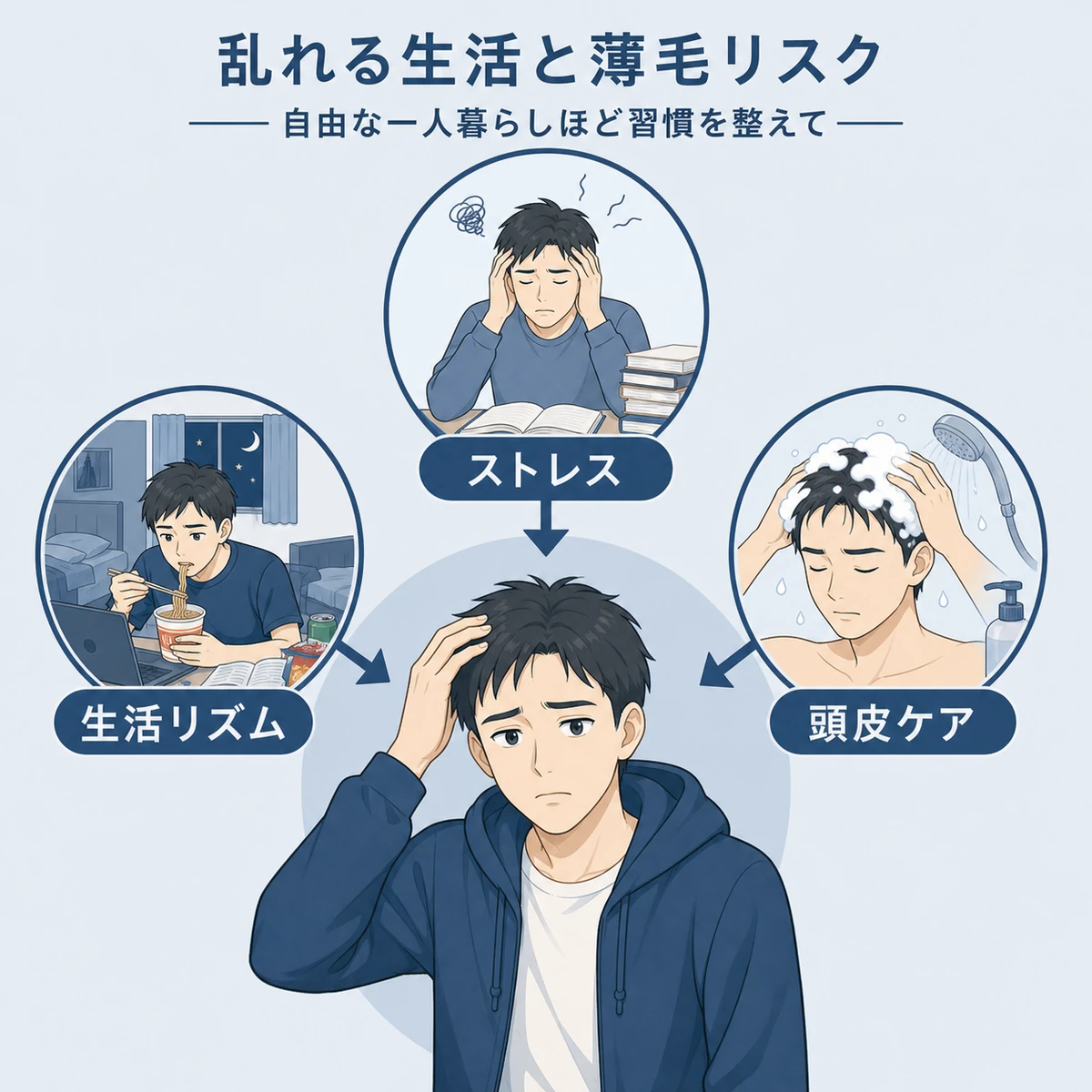 一人暮らしの男子大学生を中心に生活習慣の乱れが薄毛へつながる流れを表した医療イラスト