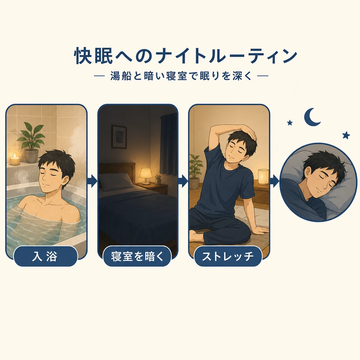 入浴から就寝までの快眠につながる夜の習慣を順番に表した医療イラスト