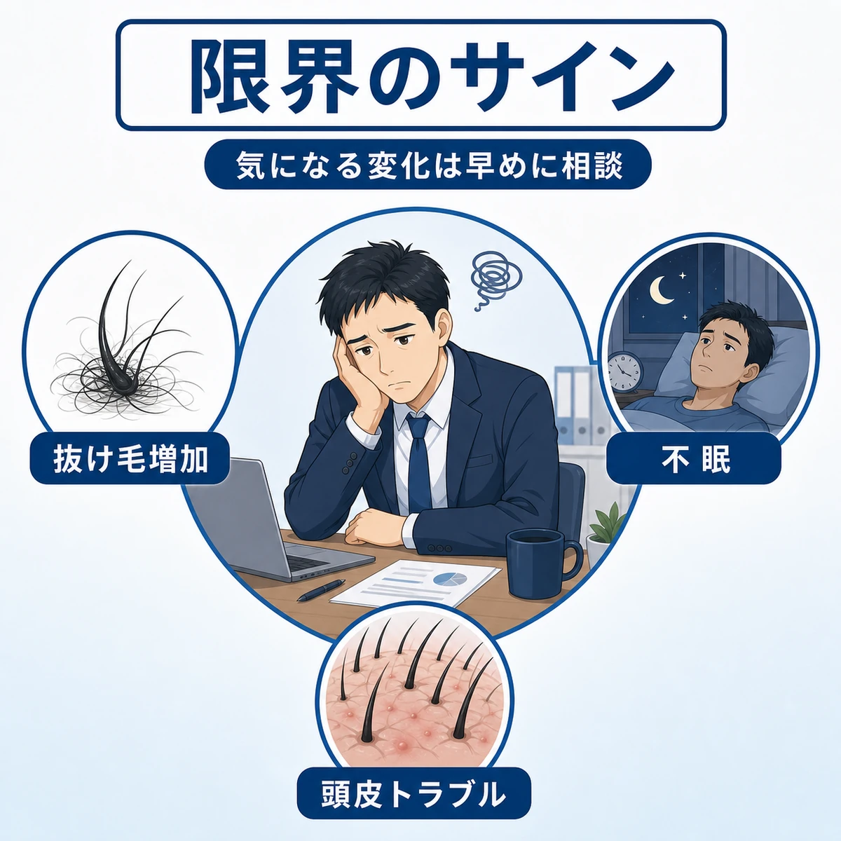 仕事のストレスで限界のサインを感じる成人男性と体に現れる不調を描いた医療イラスト