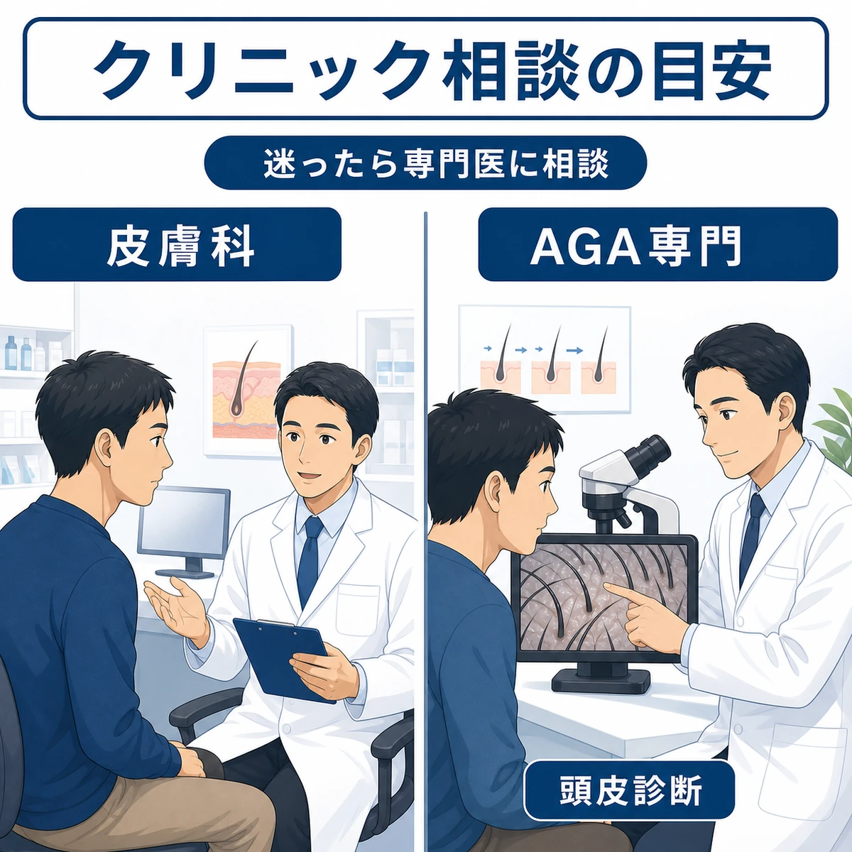 皮膚科とAGA専門クリニックの違いと頭皮診断を受ける成人男性を比較した医療イラスト