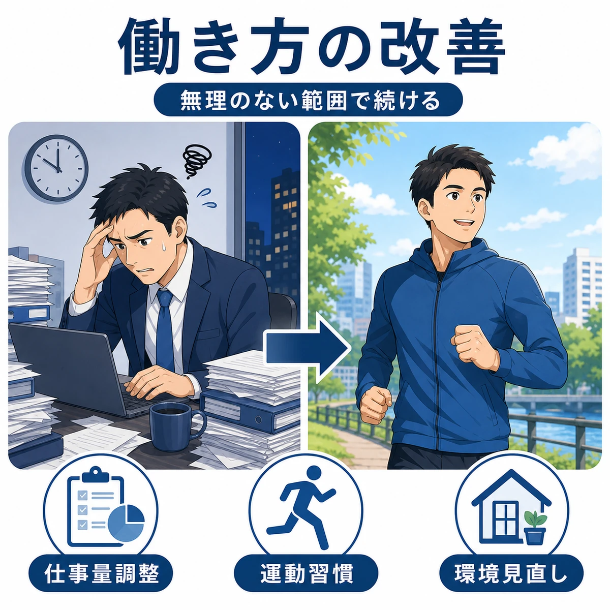 働き方を見直して運動を取り入れストレスを減らす成人男性を描いた医療イラスト