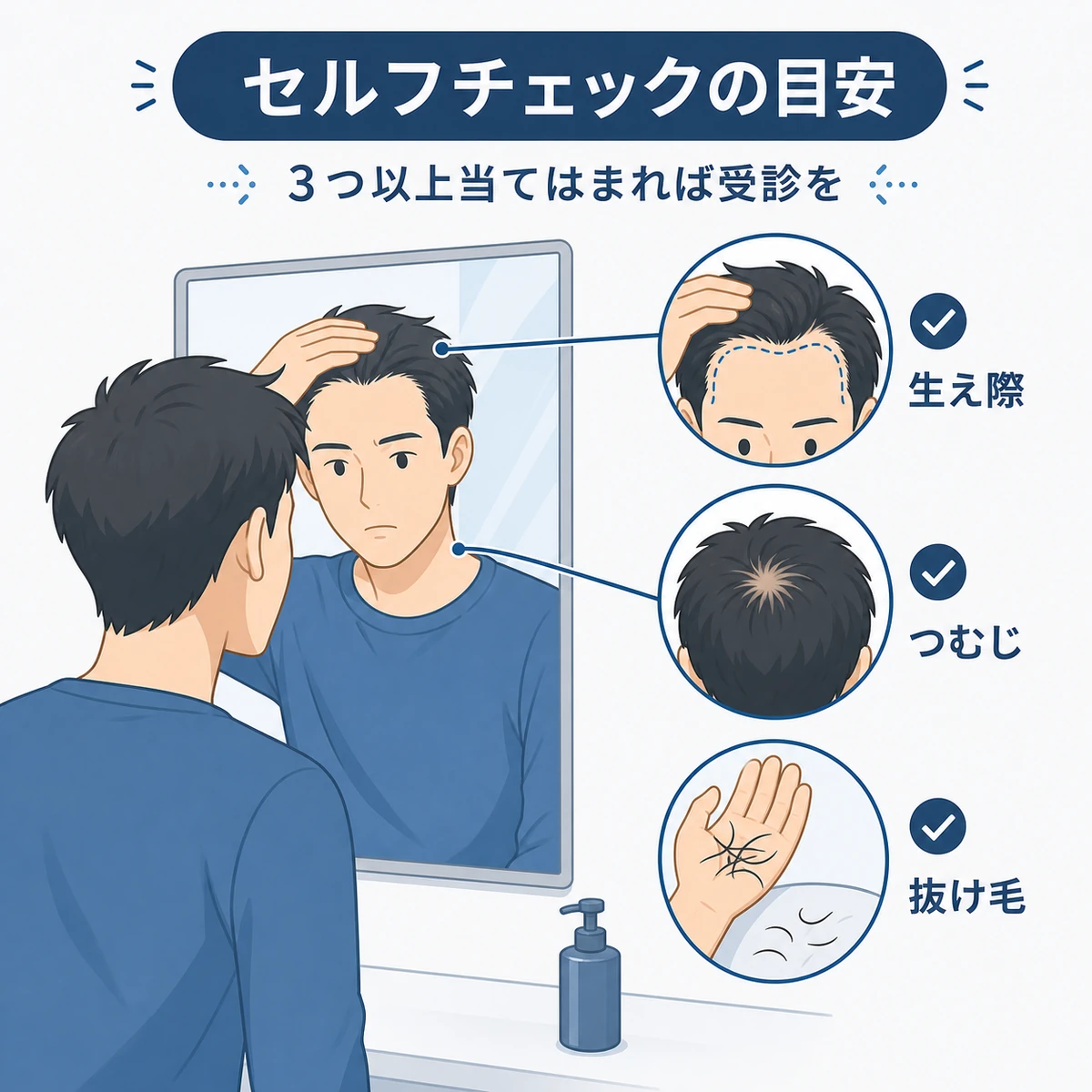生え際やつむじ、抜け毛など薄毛のサインを自分で確認する様子を表した医療イラスト