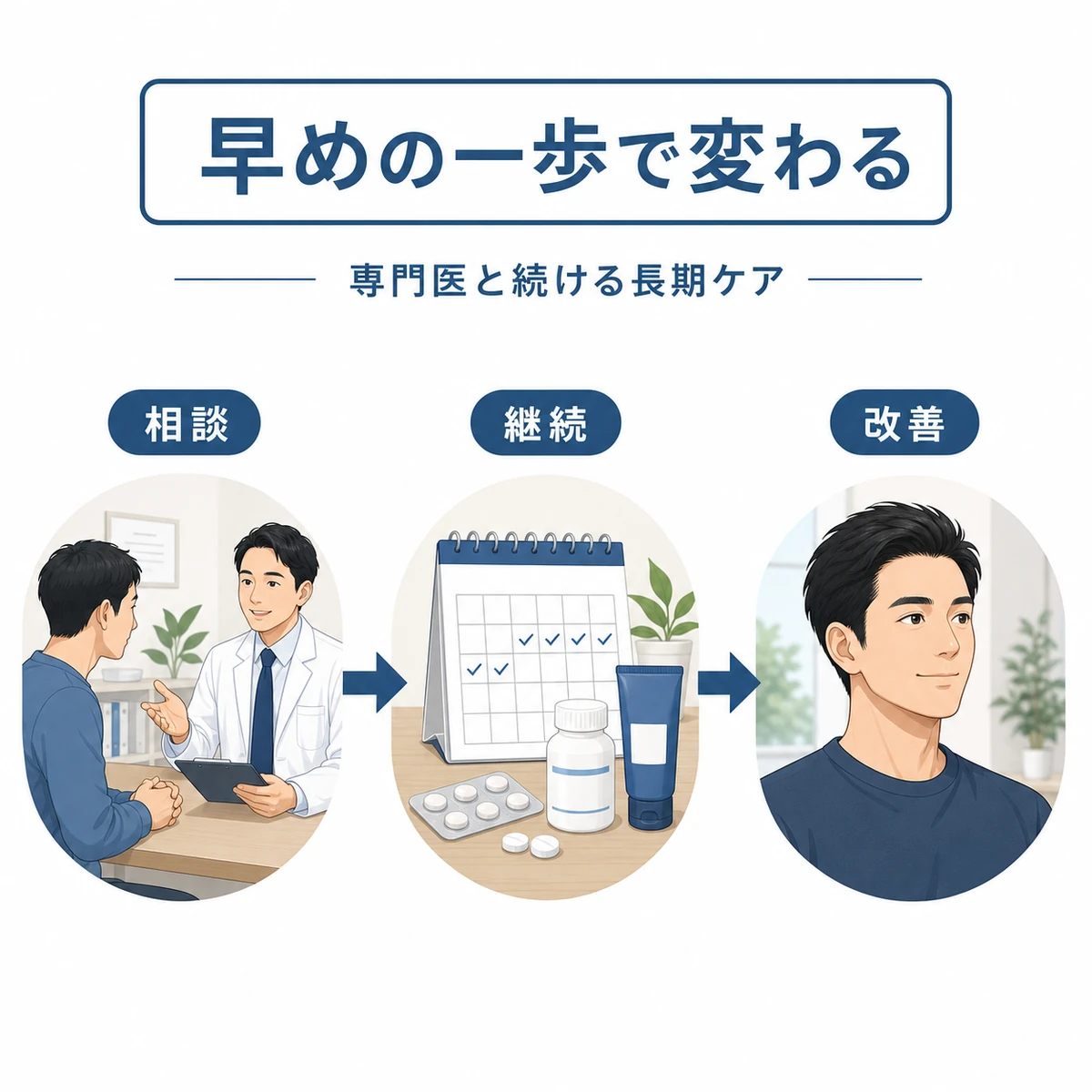 30代男性が専門医に相談し治療を続けて前向きに改善へ進む流れを表した医療イラスト